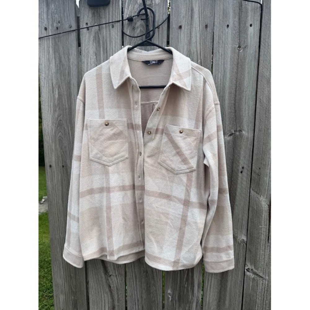 Shacket Plaid Flannel Member's Mark Cozy Button-Down Shirt M Beige Oversized